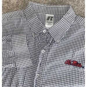 Russell Athletic Ole Miss Rebels Button Down Plaid Gray Shirt Mens XXL Cotton